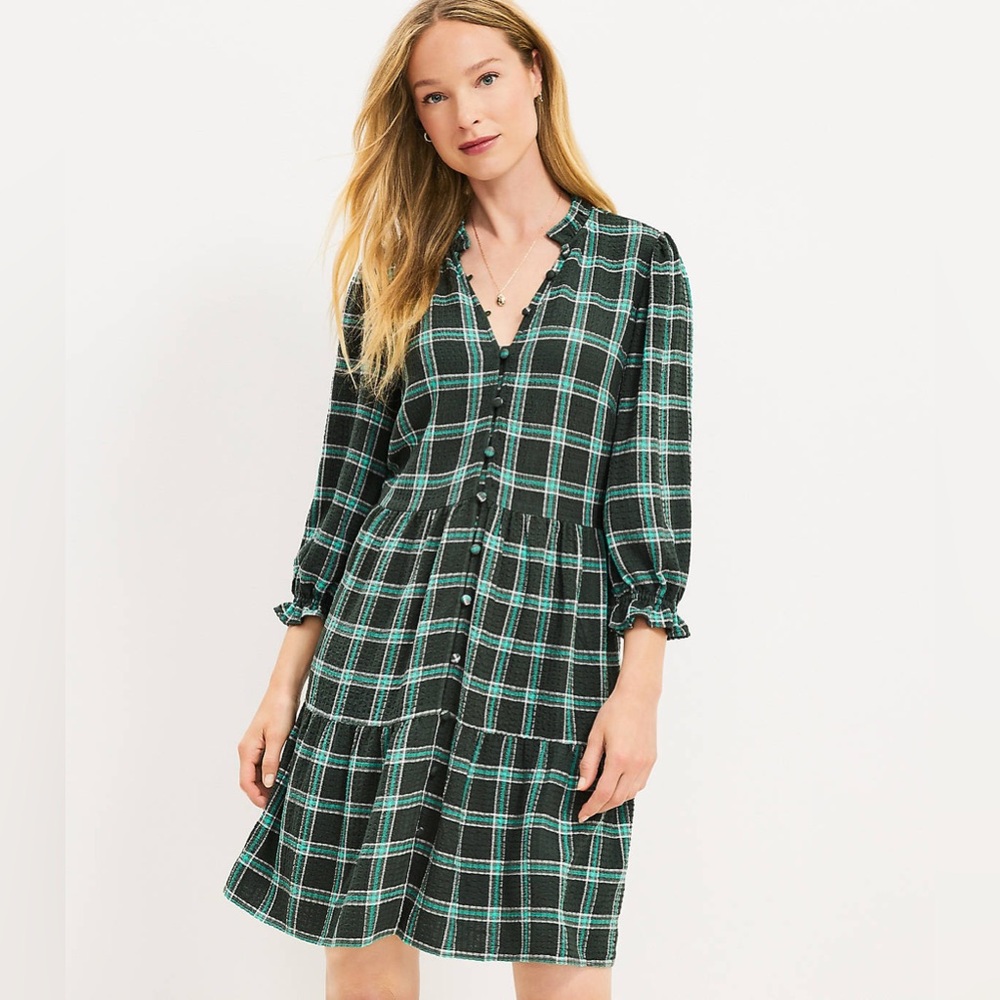 LOFT NWT Plaid Ruffle Button Swing Dress L Green Loose Mini Light Weight 11325